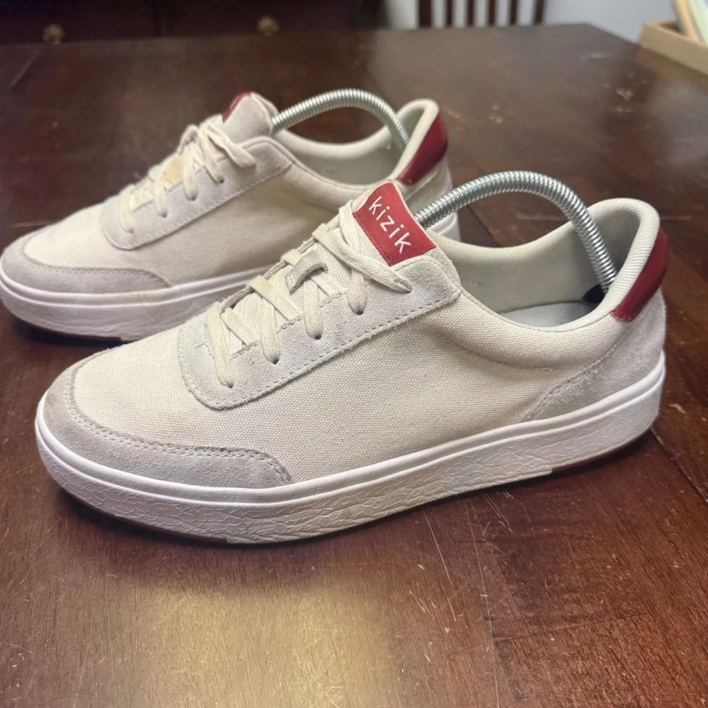 Kizik Prague Sneakers Mens 10 Wide Cream Red Hands Free Canvas Suede DPRACR01-2E